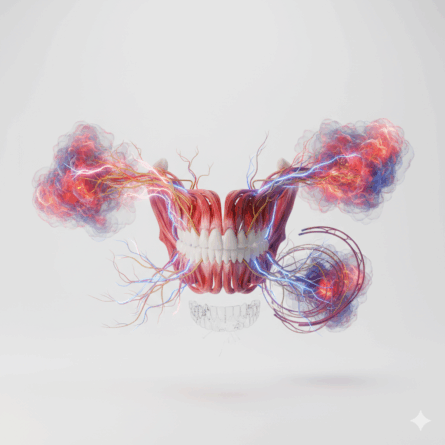 ilustração médica surreal da mandíbula humana representando dor crônica na ATM que não melhora com placa — tensão muscular e inflamação sistêmica conectadas por redes neurais e vasculares luminosas, conceito de medicina integrativa