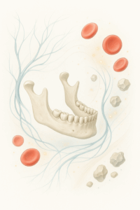ilustração integrativa da ATM com elementos biológicos e sistêmicos — microscopia de sangue vivo e inflamação crônica representadas em composição médica surreal — Dr. Marcelo Chiarini, Salvador