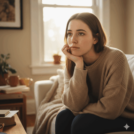 Mulher jovem com a mão na mandíbula sentindo leve desconforto em casa, imagem natural representando travamento mandibular e dor de ATM, Salvador.
