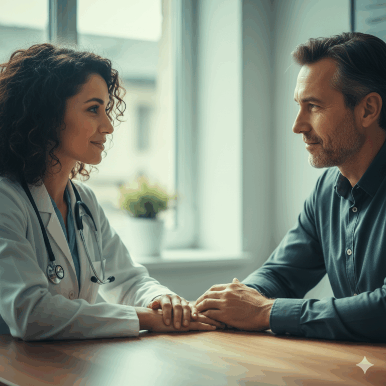 Profissional e paciente em conversa acolhedora, representando decisão consciente sobre cirurgia da ATM.