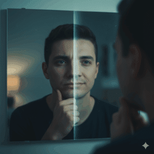 Pessoa diante do espelho refletindo dúvida entre cirurgia e tratamento integrativo.