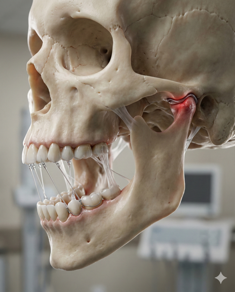 Ilustração clínica mostrando mandíbula com dentes sendo movidos por vetores mecânicos enquanto a ATM apresenta disco inflamado, destacando a diferença entre movimento ortodôntico e função articular.