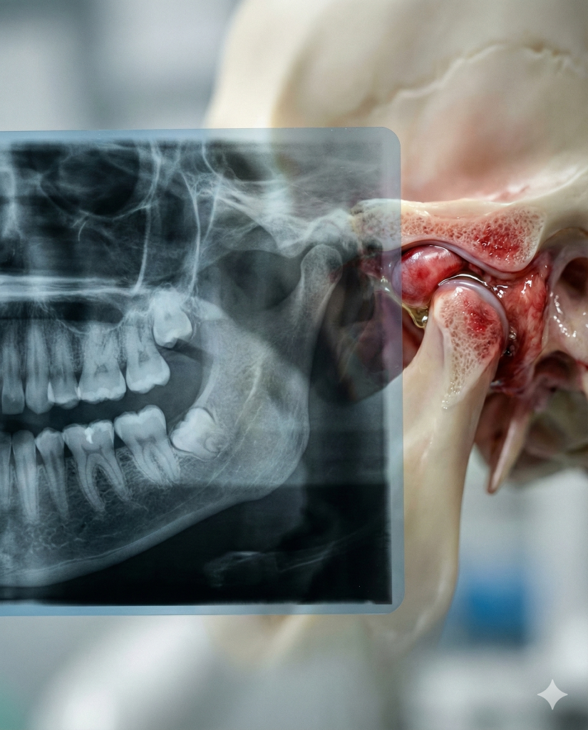 Radiografia panorâmica aparentemente normal sobreposta à anatomia real da ATM, mostrando disco deslocado e inflamação invisíveis no exame convencional