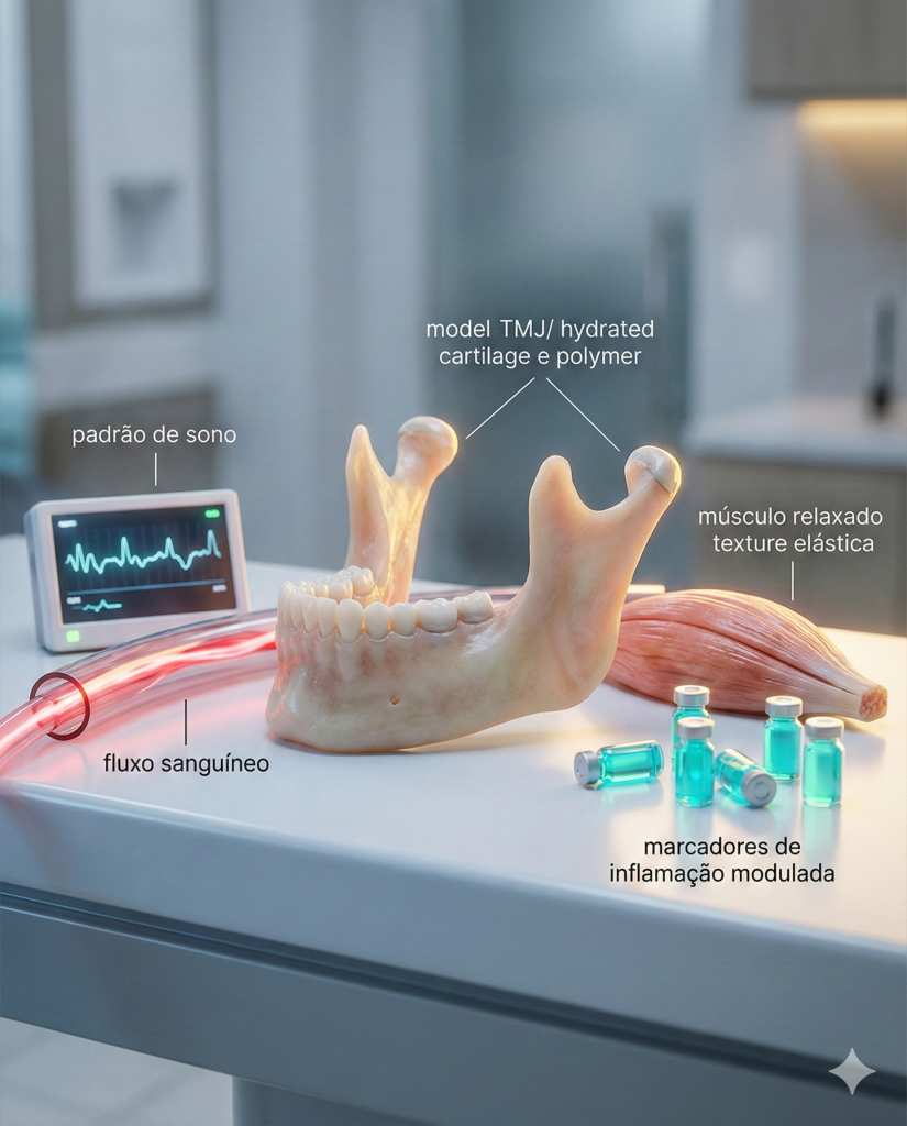 Composição clínica mostrando modelo anatômico da mandíbula ao lado de elementos que representam sono, metabolismo e fluxo sanguíneo, simbolizando o tratamento funcional e biológico da ATM.