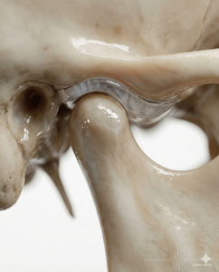 Detalhe da articulação temporomandibular durante abertura da boca, mostrando deslocamento do disco com redução, associado ao estalo articular na Patologia da ATM
