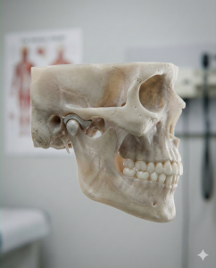 Ilustração anatômica da articulação temporomandibular em posição neutra, mostrando disco articular, côndilo e osso temporal alinhados, representando a Patologia da ATM sob uma perspectiva clínica-funcional