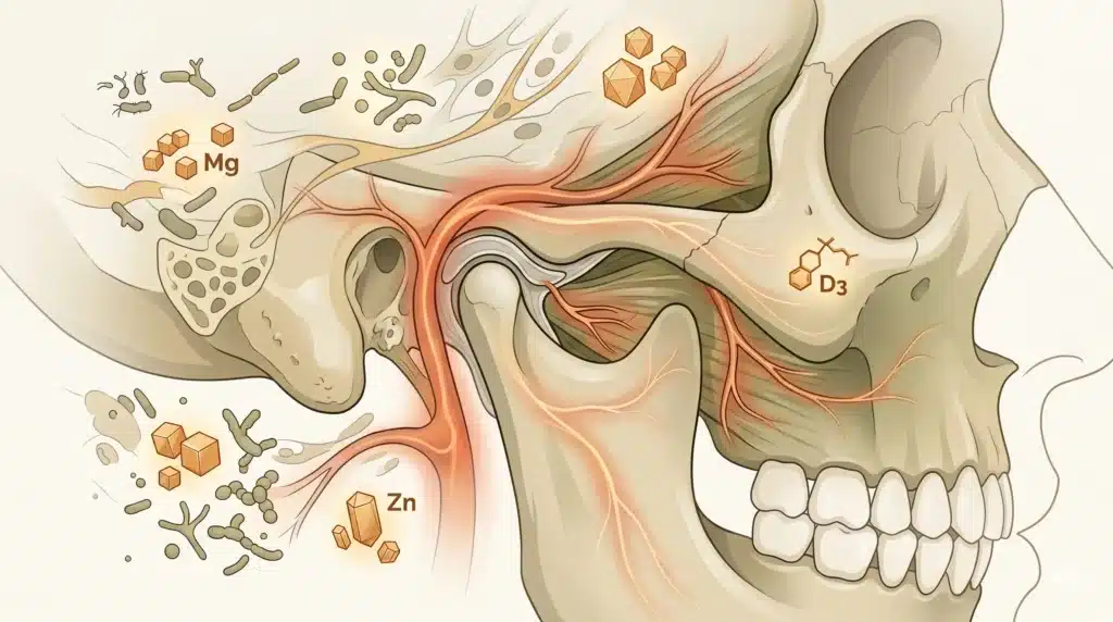 Corte sagital da articulação temporomandibular mostrando disco articular, côndilo mandibular e inflamação sistêmica circulando na corrente sanguínea