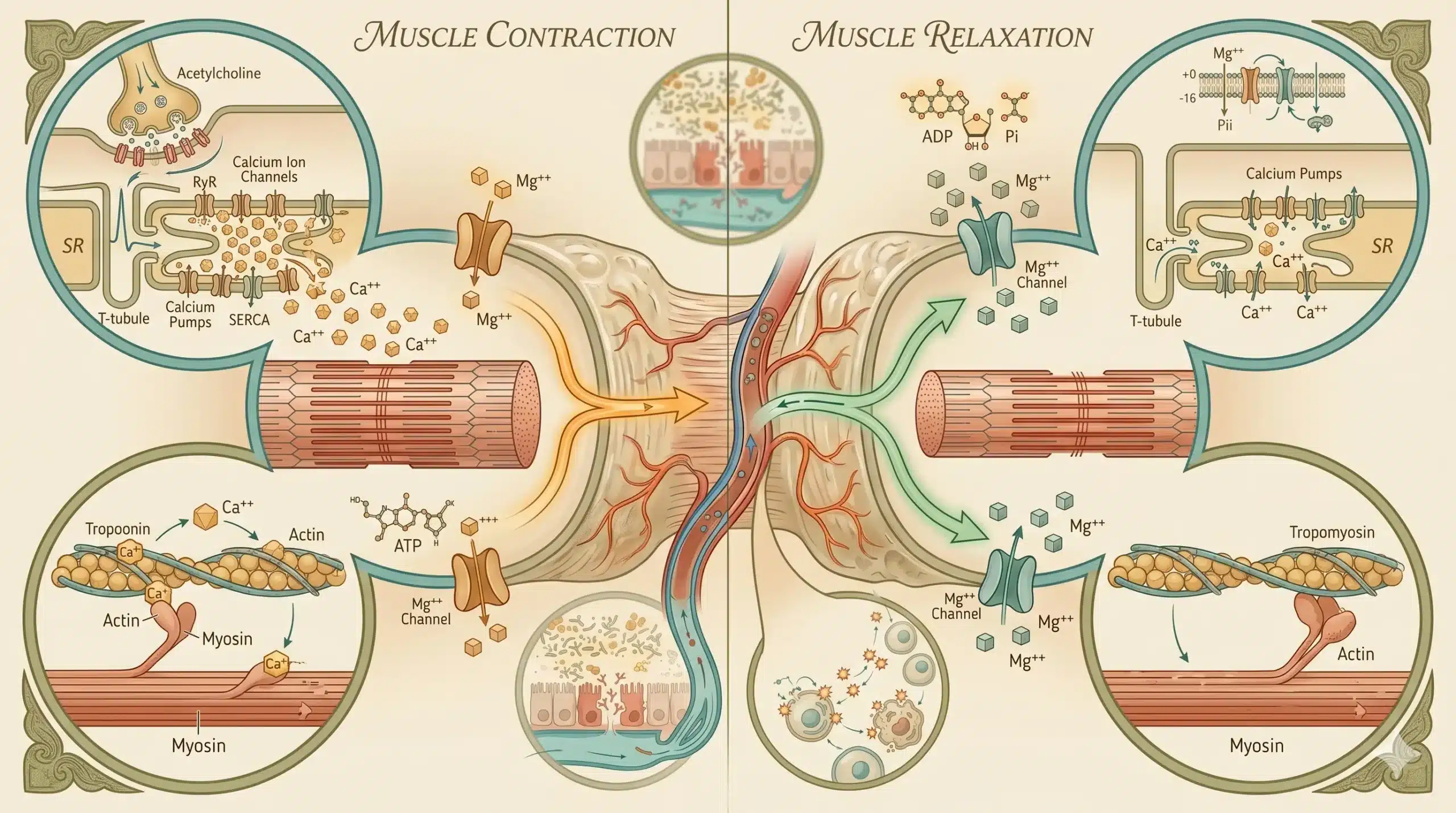 Visualização microscópica de fibras musculares mostrando canais de cálcio abertos (contração) vs fechados com magnésio (relaxamento), relevante para bruxismo e ATM