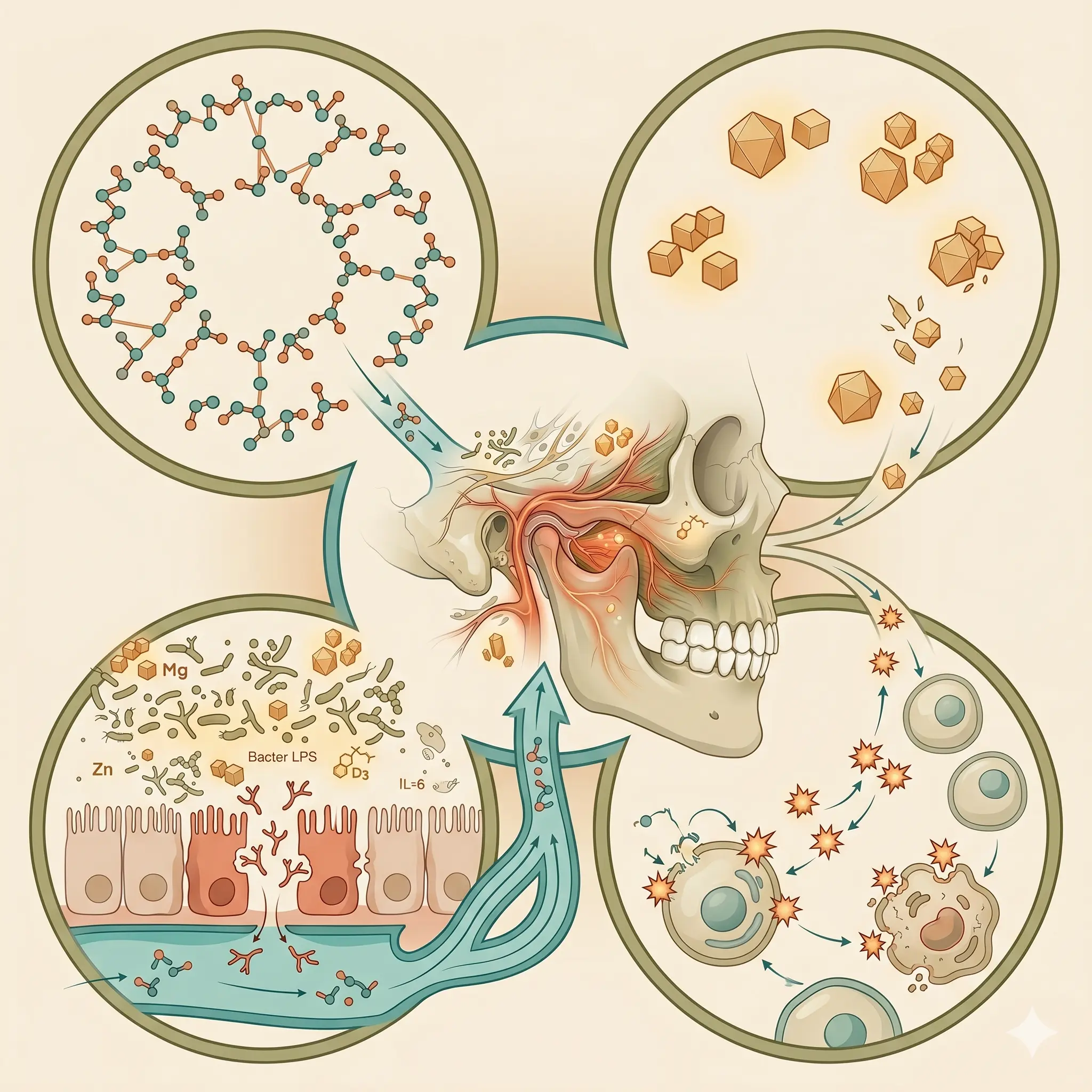 Infografia dos 4 pilares do bioterreno: inflamação crônica, disbiose intestinal, deficiências minerais e estresse oxidativo conectados à articulação temporomandibular