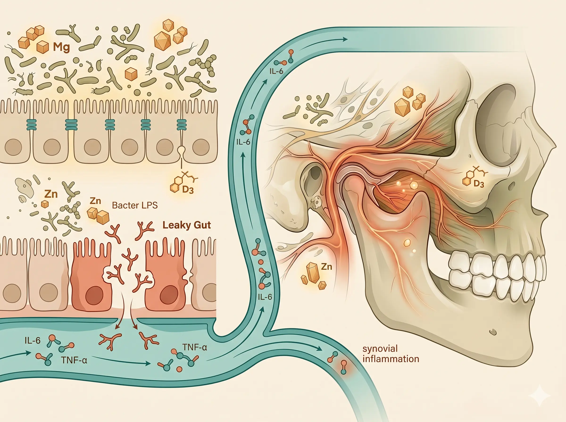 Diagrama do eixo intestino-imunidade-ATM: intestino permeável com LPS, citocinas (IL-6, TNF-α) viajando até a articulação temporomandibular inflamada
