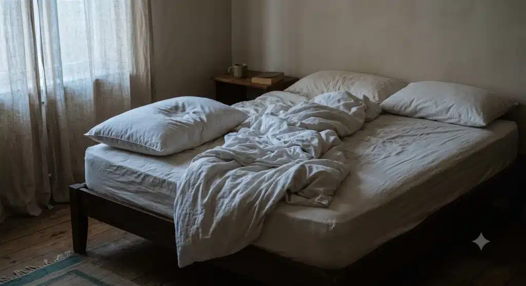 Cama ao amanhecer com a marca funda da cabeça no travesseiro e o lençol torcido de um lado só