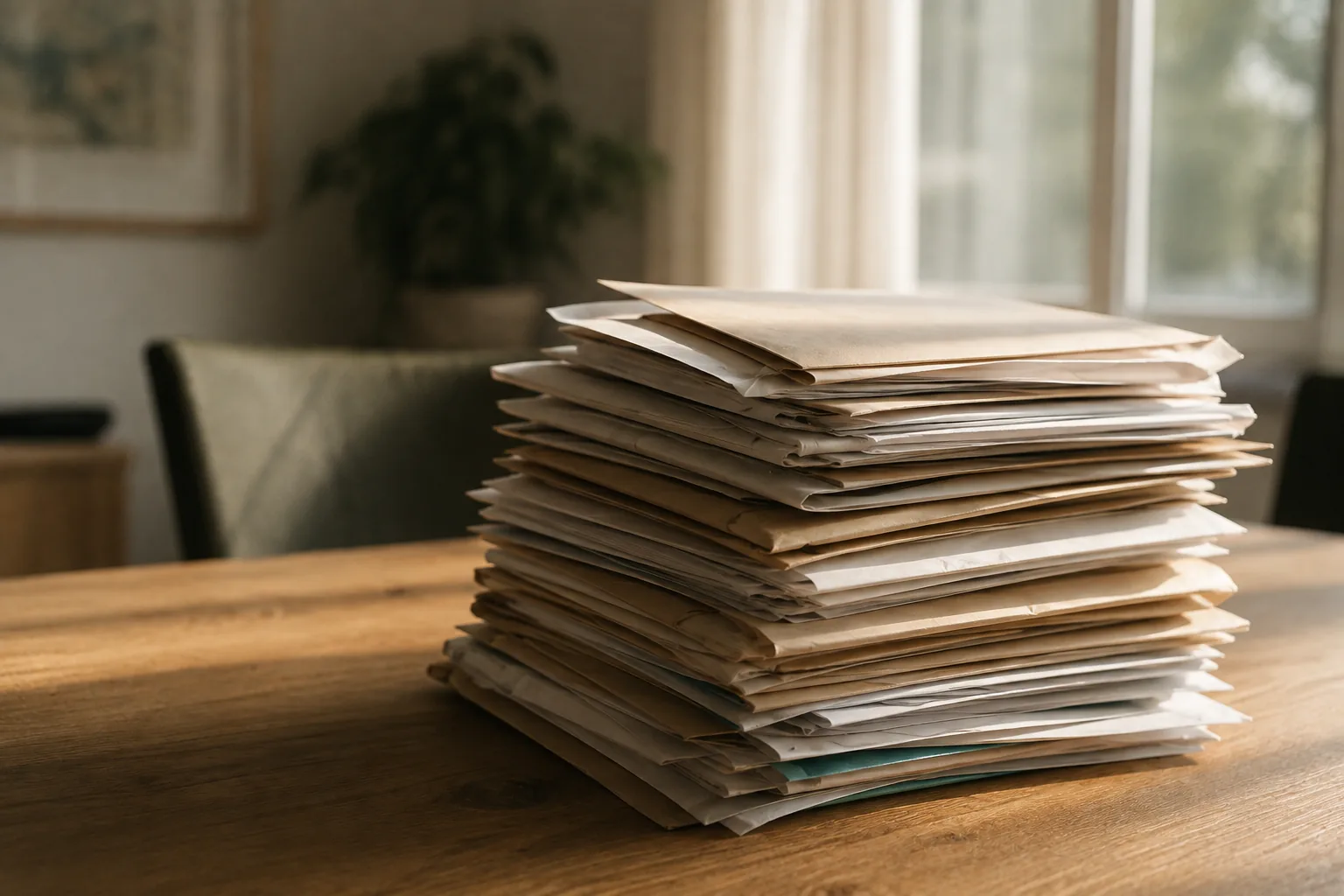Pilha de envelopes e laudos de exames acumulados sobre uma mesa de casa