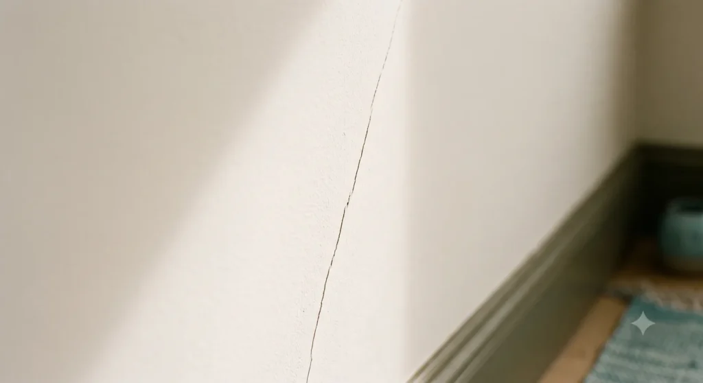 Rachadura fina reaparecendo em uma parede recém-pintada, com luz lateral