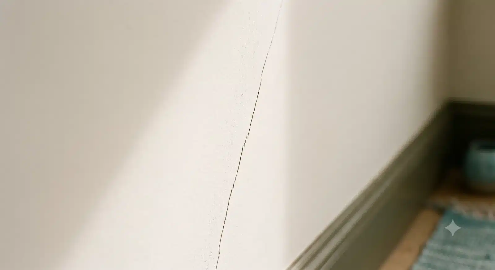 Rachadura fina reaparecendo em uma parede recém-pintada, com luz lateral